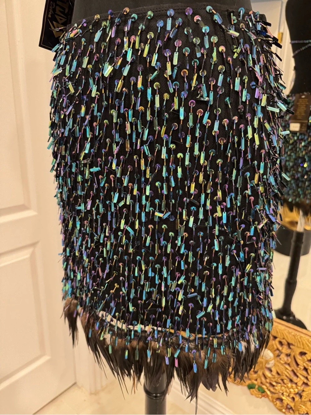 Hand beaded Sequin Fringe feathers Strapless top & Mini Skirt - Black iridescent
